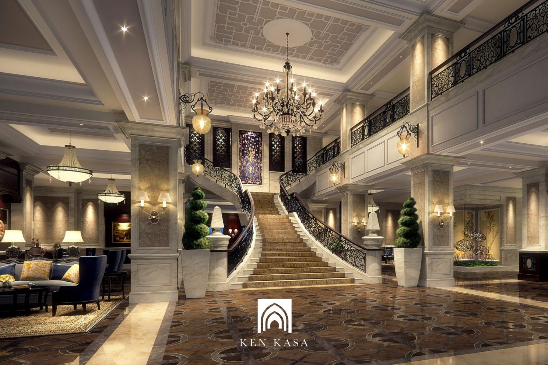 Sảnh kh&aacute;ch sạn bề thế với điểm nhấn đ&egrave;n ch&ugrave;m trung t&acirc;m