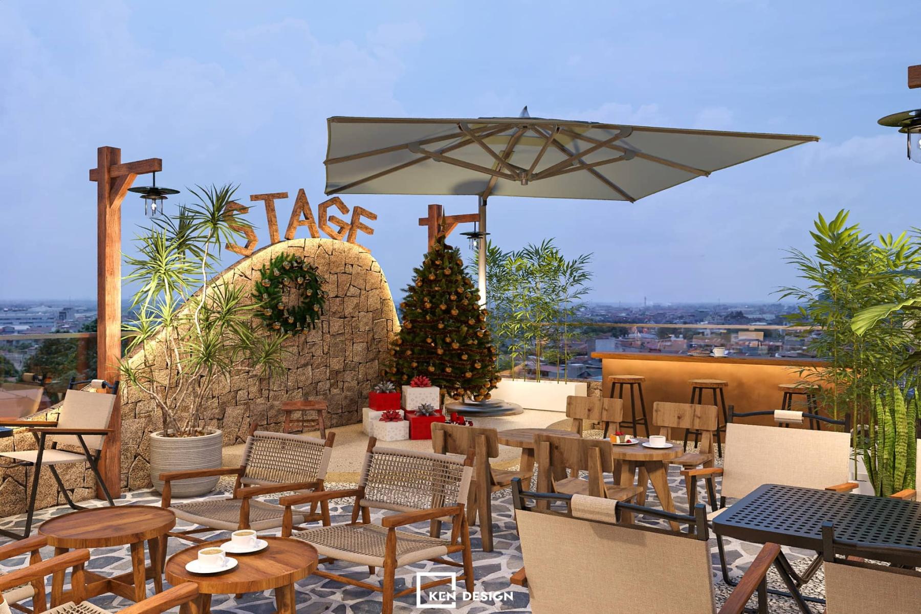 sân thượng tường đá bo cong, ô dù lớn và cây xanh trong thiết kế quán cafe phong cách trẻ
