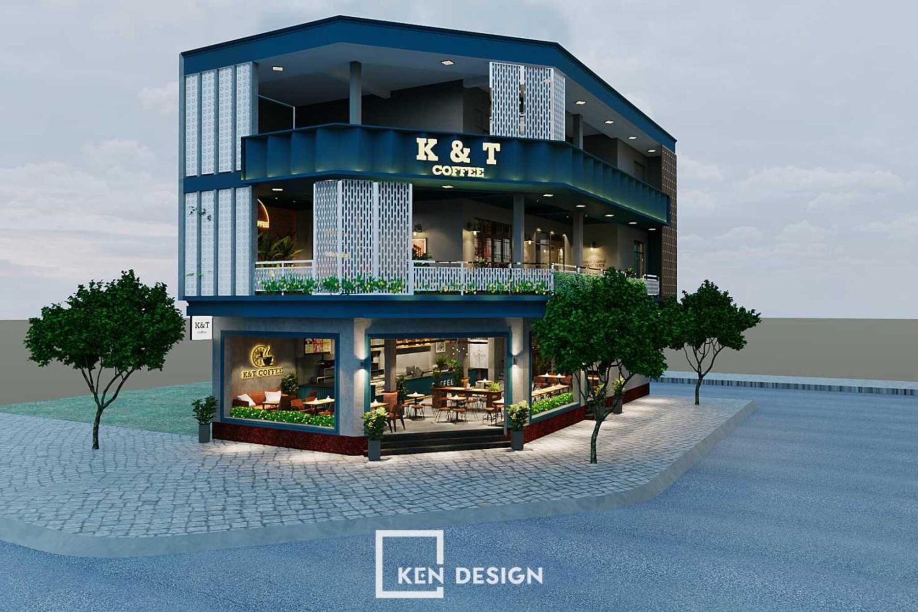 mẫu thiết kế qu&aacute;n cafe 2 mặt tiền với tấm lam trắng v&agrave; ban c&ocirc;ng c&acirc;y xanh