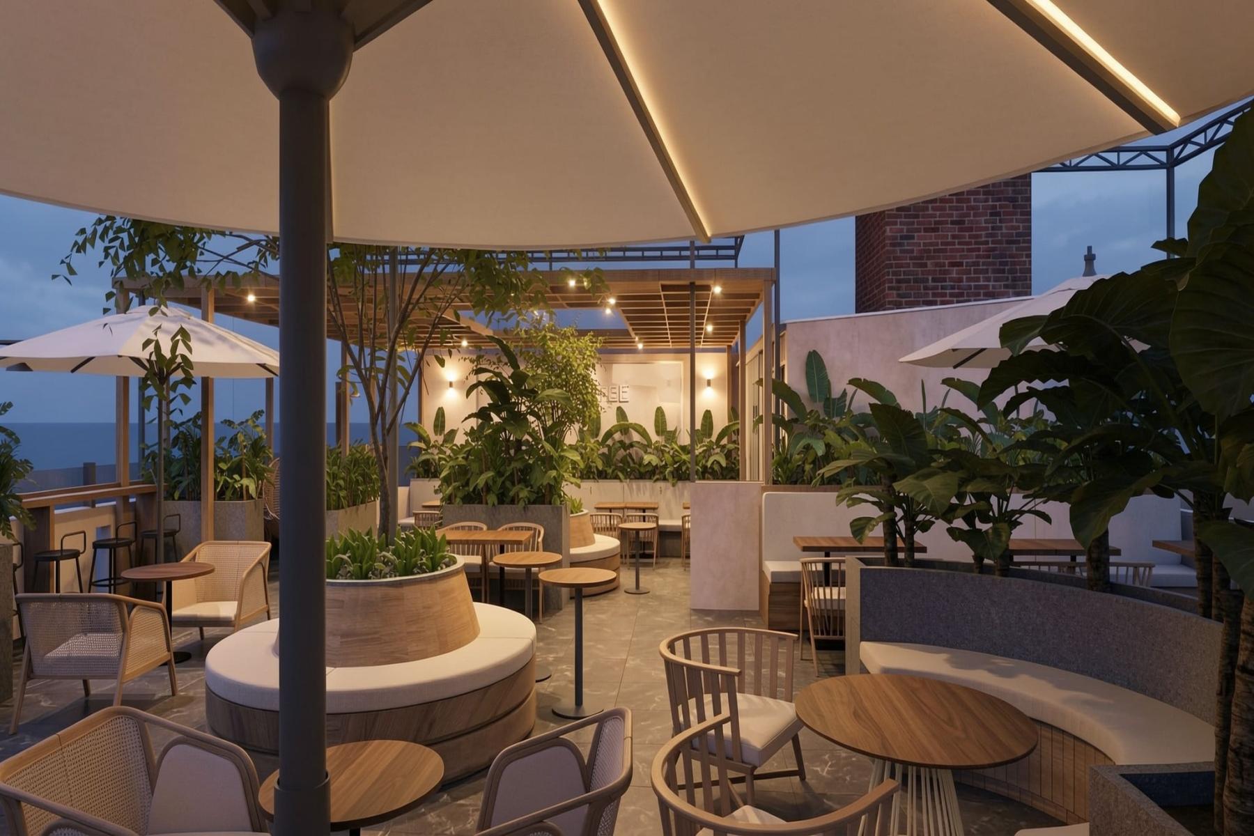 khu ngồi ngoài trời có ô dù gắn đèn LED và nhiều cây xanh trong thiết kế quán cafe phong cách trẻ