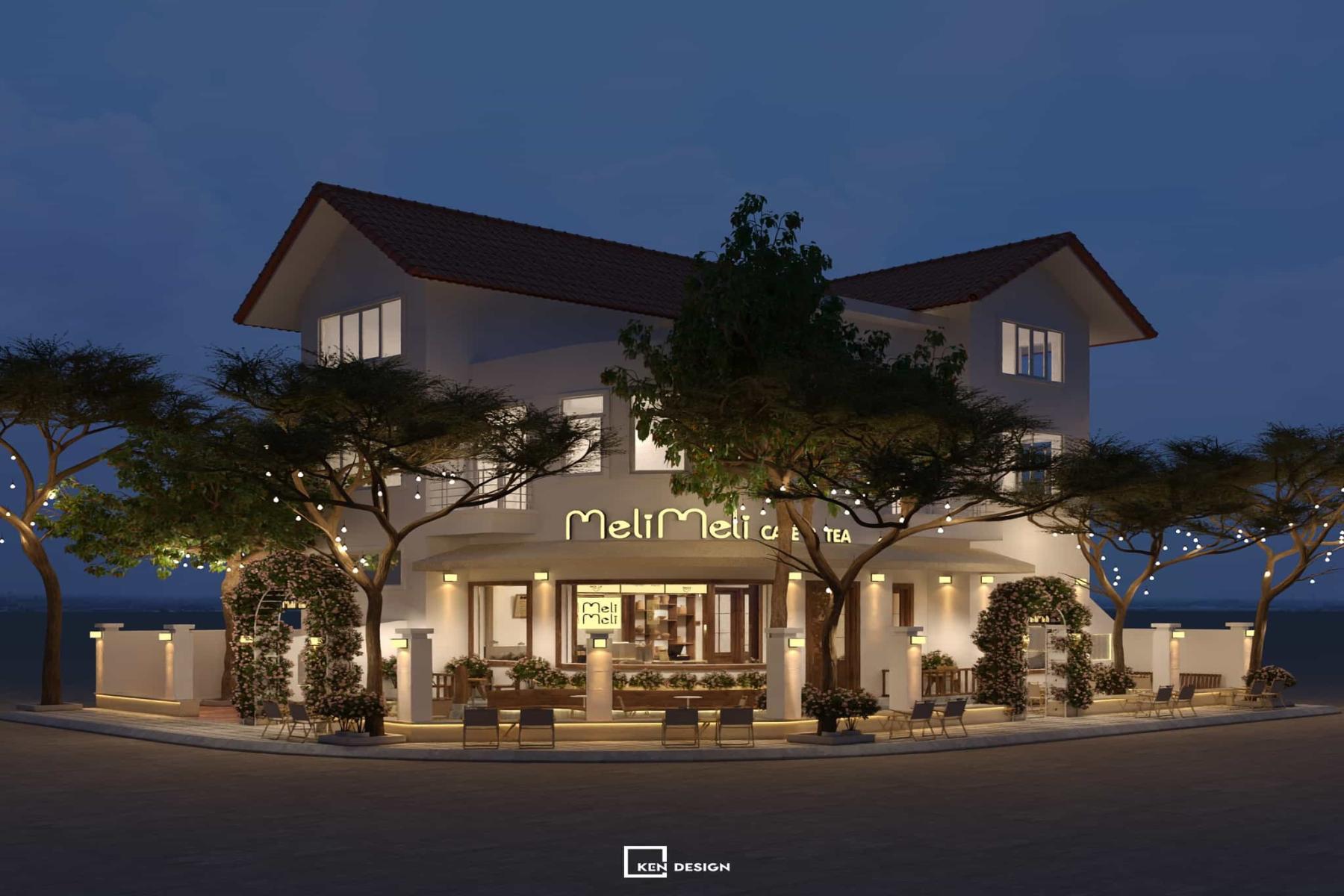 mẫu thiết kế quán cafe 2 mặt tiền về đêm với cổng hoa và dây đèn bulb