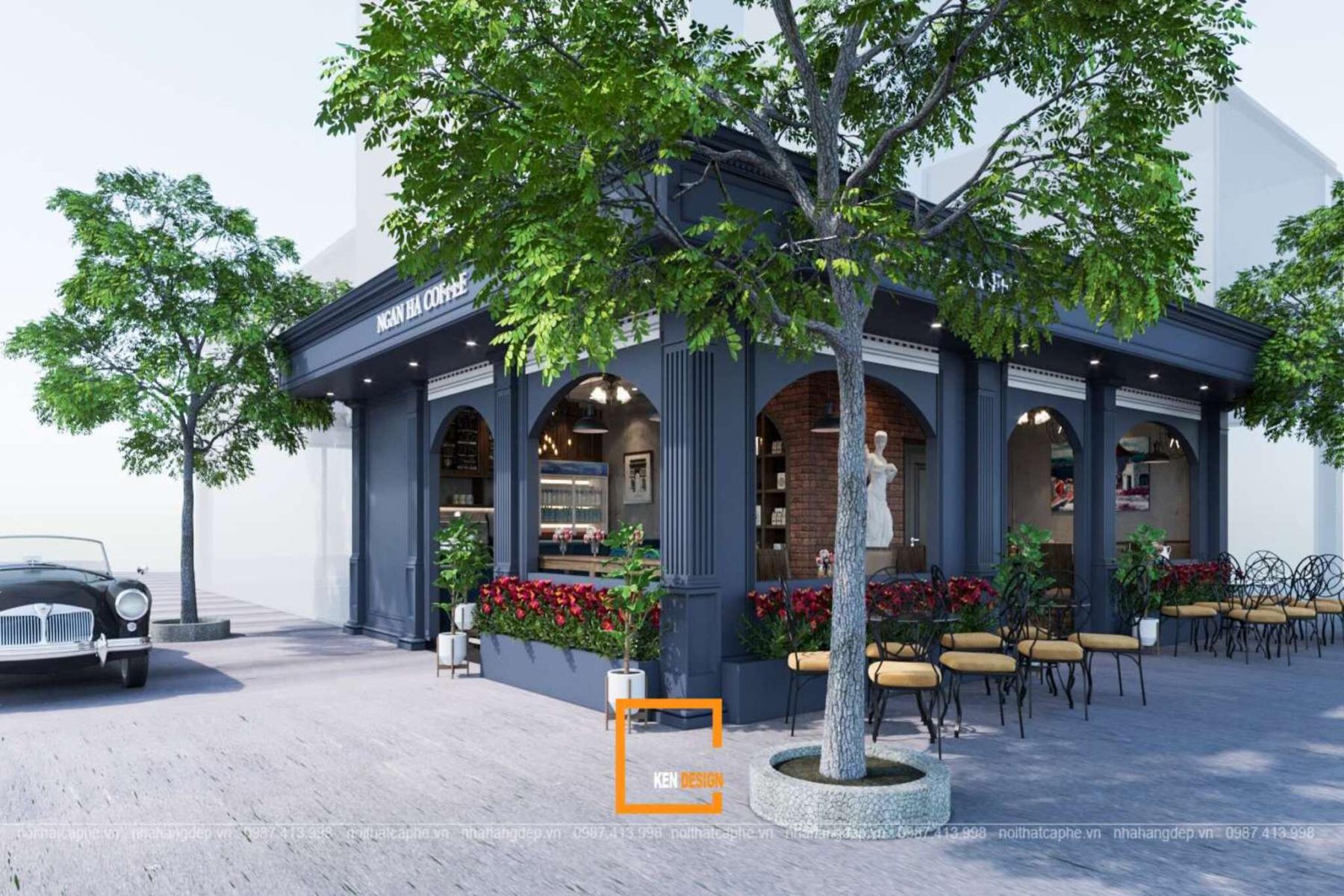 quán cafe góc phố tông xanh navy với các ô vòm cuốn đồng nhất hai mặt