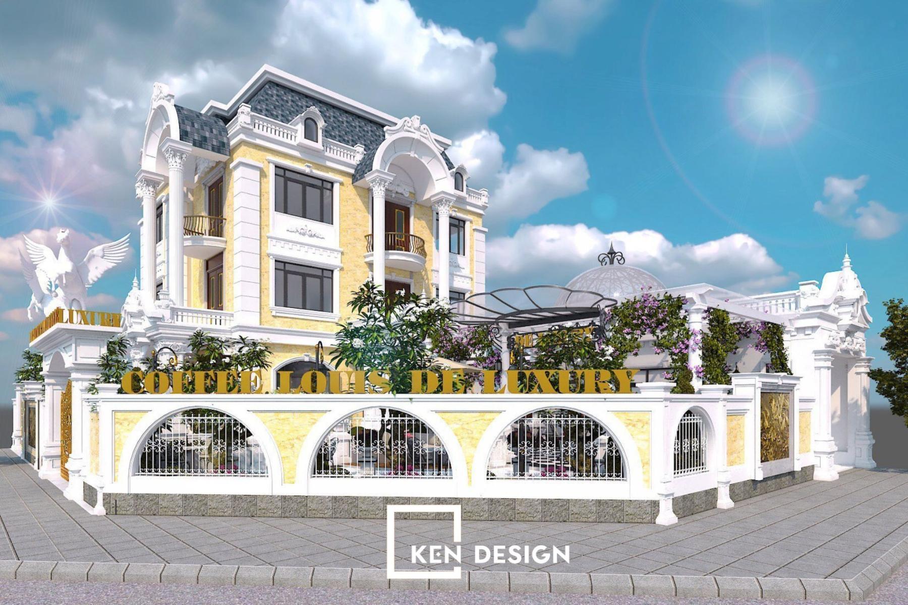 quán cafe góc phố biệt thự tân cổ điển với hàng rào vòm cuốn