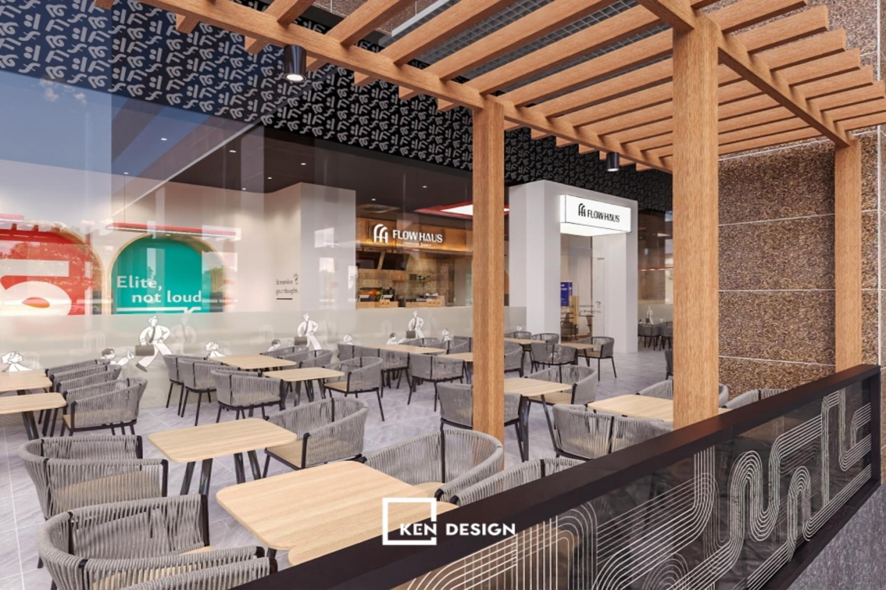 hiên có giàn pergola gỗ và ghế dây xám tận dụng khoảng trống trước quán cafe phong cách hiện đại