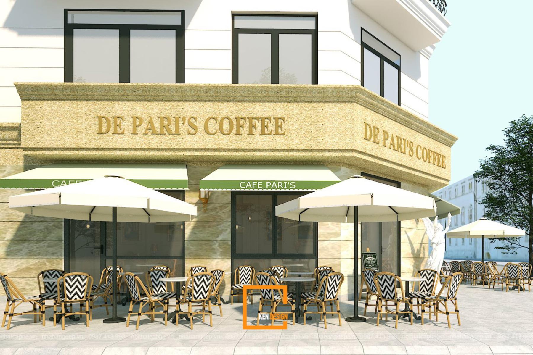 mặt tiền quán cafe 2 mặt tiền với bảng hiệu chữ vàng chạy qua góc và mái hiên xanh