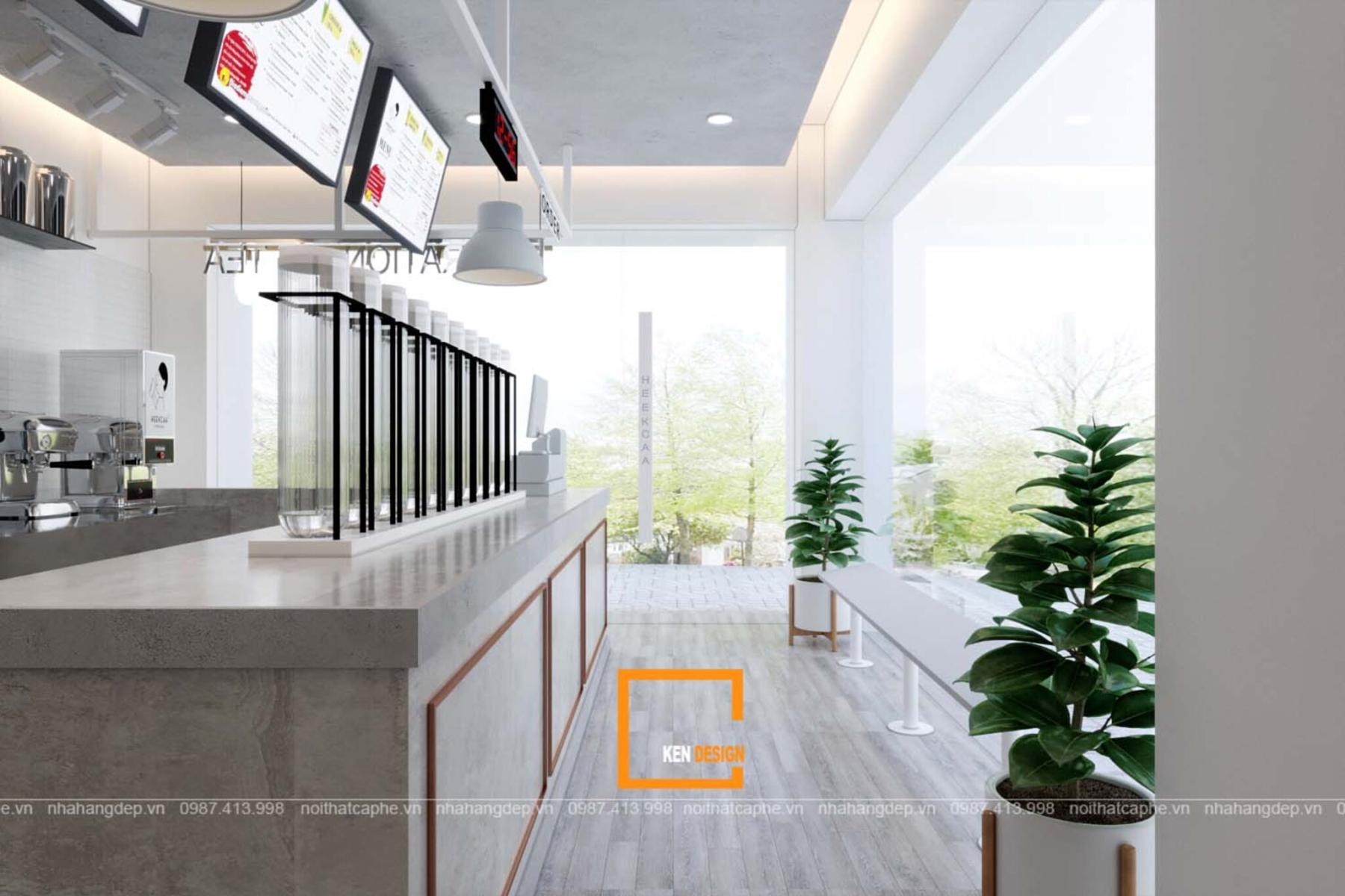 Quầy bar đủ rộng, nh&igrave;n bao qu&aacute;t khu ngồi trong qu&aacute;n cafe căn g&oacute;c