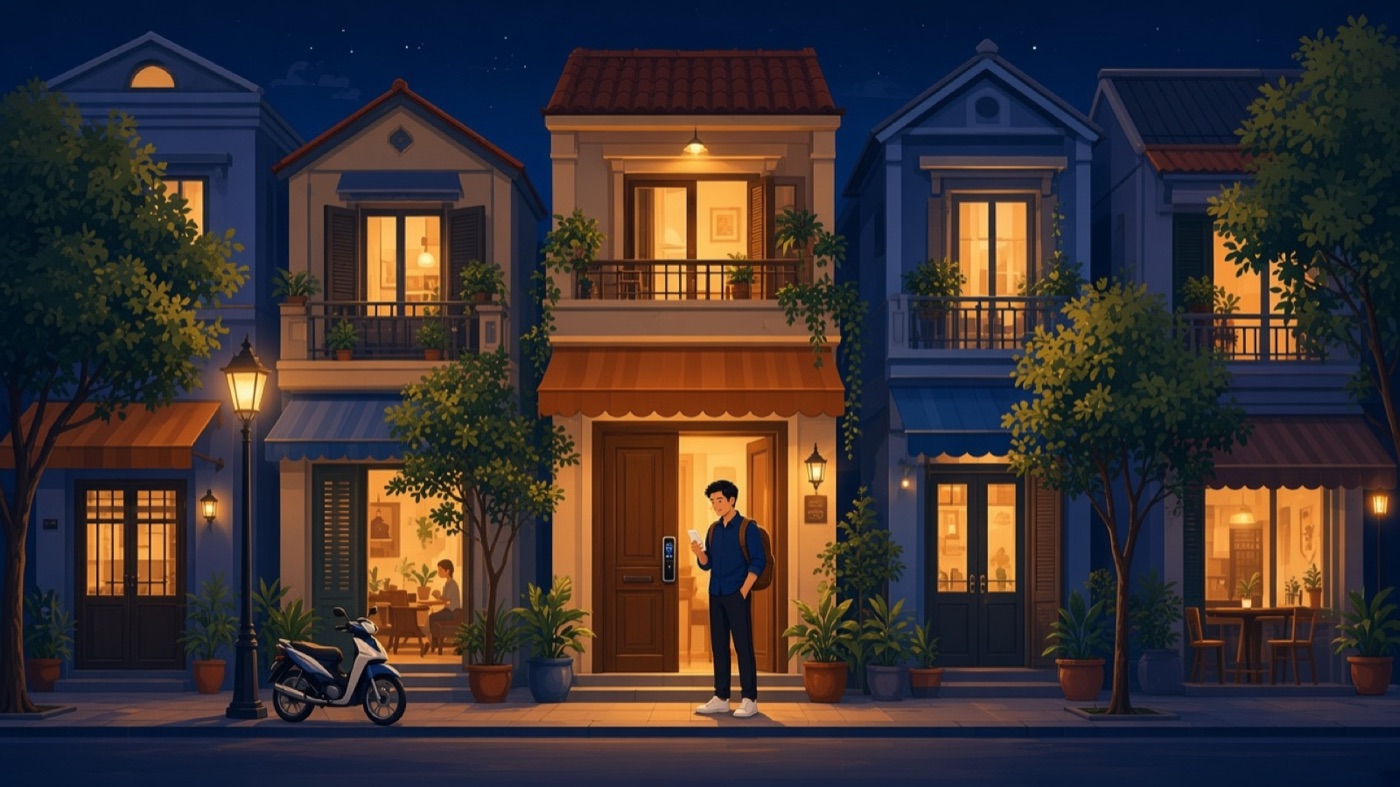 Homestay nhà phố buổi tối, một khách cầm điện thoại đứng trước cửa có ổ khoá thông minh phát sáng xanh