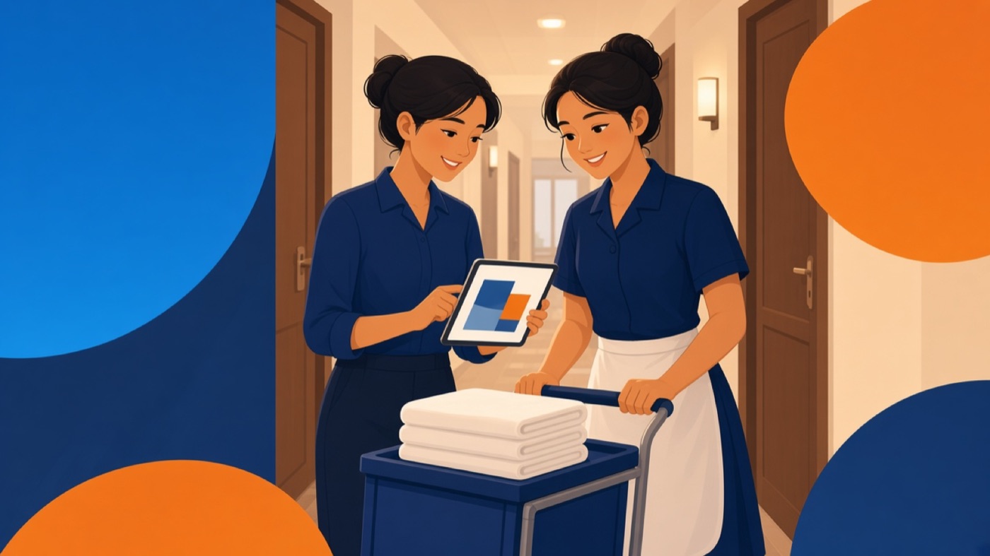 Chủ nhà và nhân viên buồng phòng cùng nhìn một máy tính bảng ở hành lang khách sạn