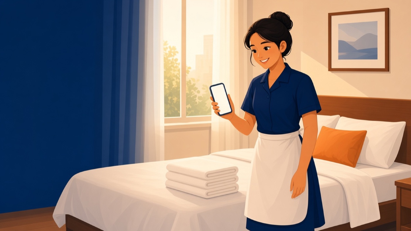 Nhân viên buồng phòng cầm điện thoại đứng cạnh chiếc giường vừa dọn xong