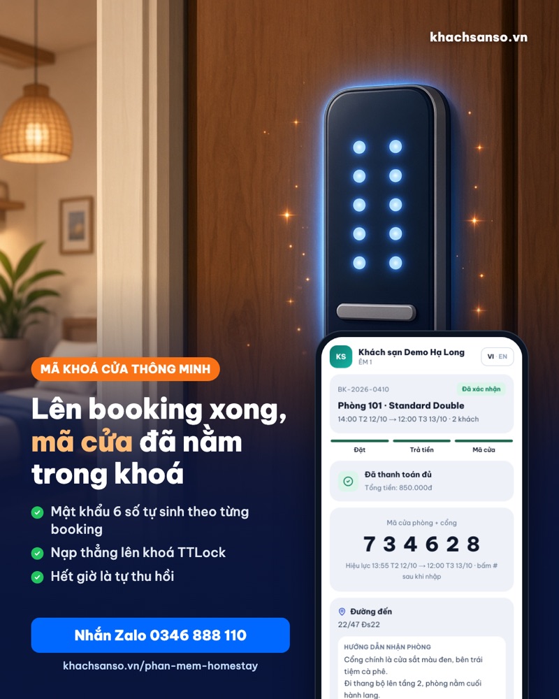 Ổ khoá thông minh và trang của khách hiện mã cửa 6 số sau khi đã thanh toán đủ