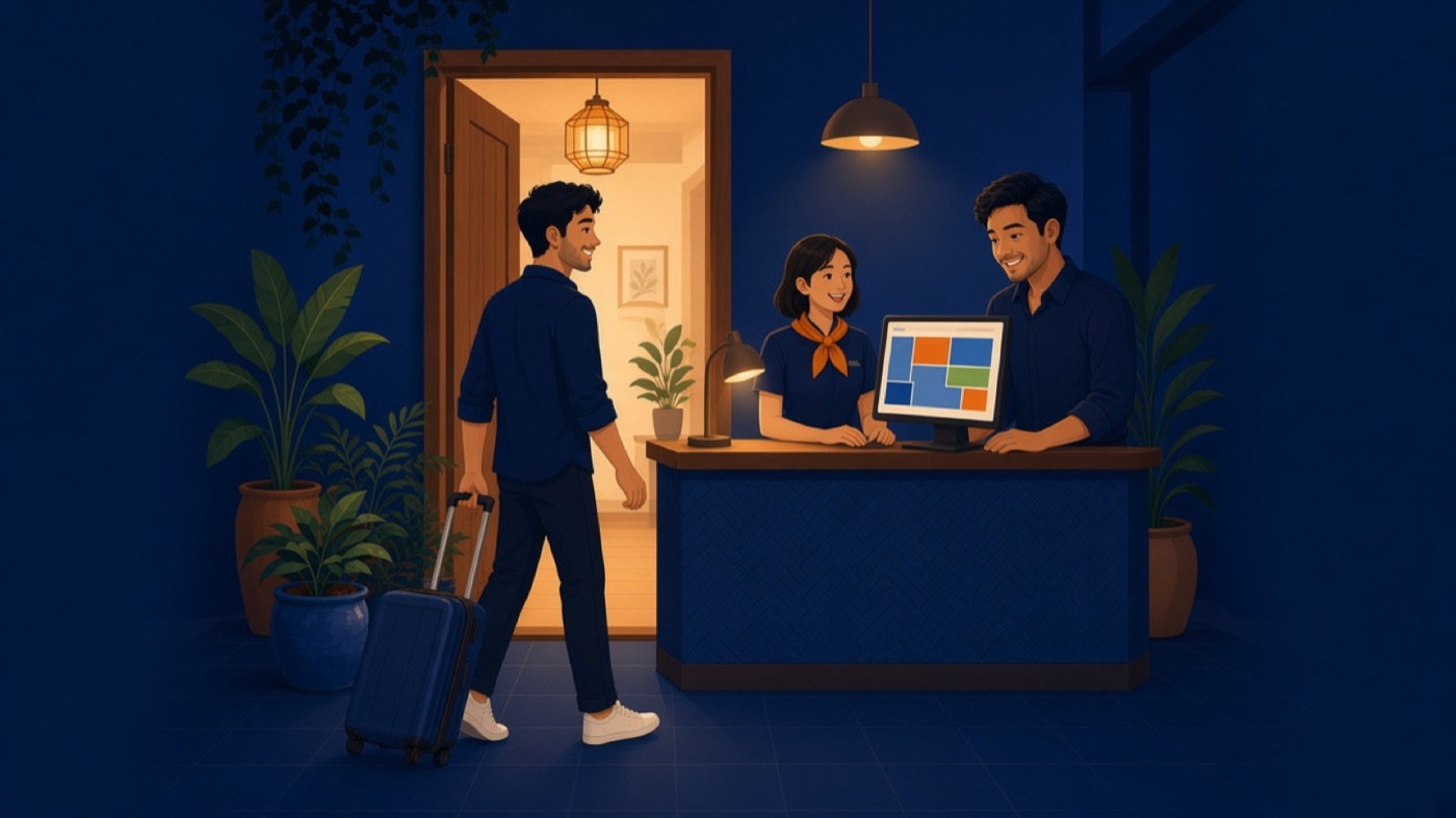 Quầy lễ tân khách sạn mini, nhân viên nhìn màn hình sơ đồ phòng nhiều màu, chủ khách sạn đứng cạnh mỉm cười, một khách kéo vali bước vào
