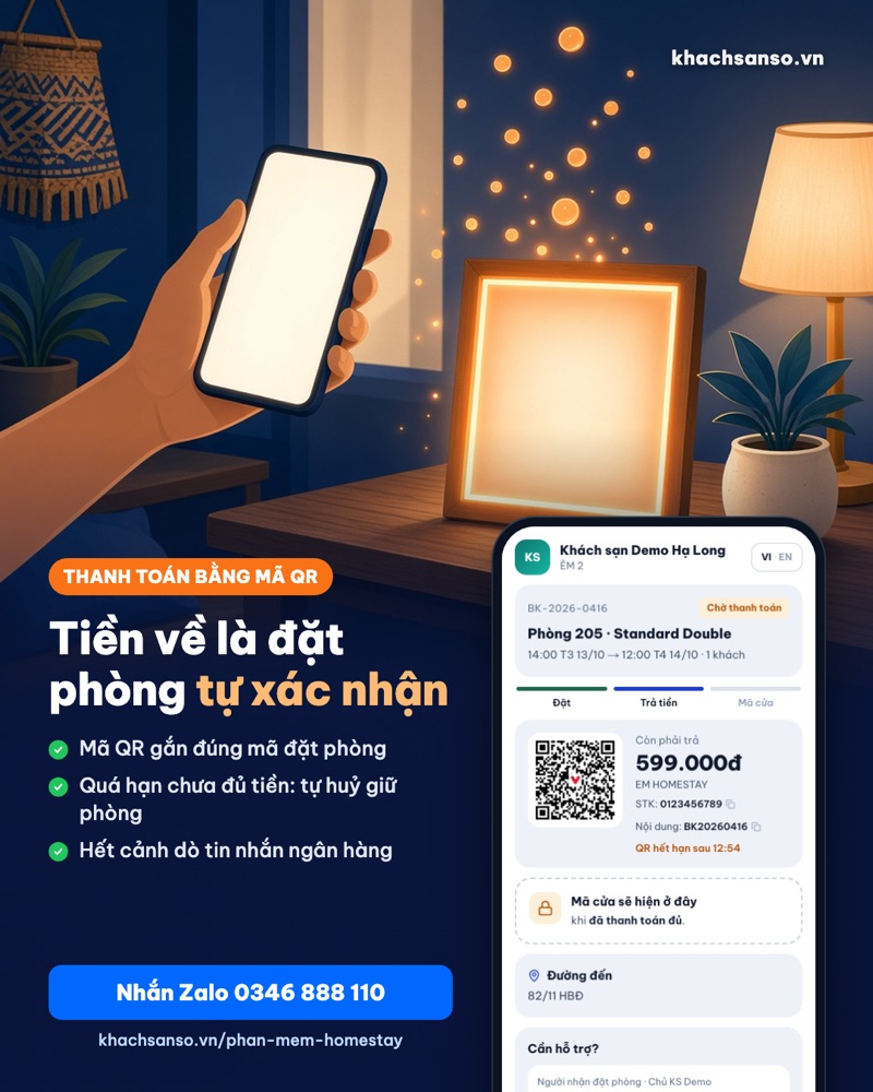 Trang của khách có mã QR thanh toán đúng số tiền và đồng hồ đếm ngược giữ phòng
